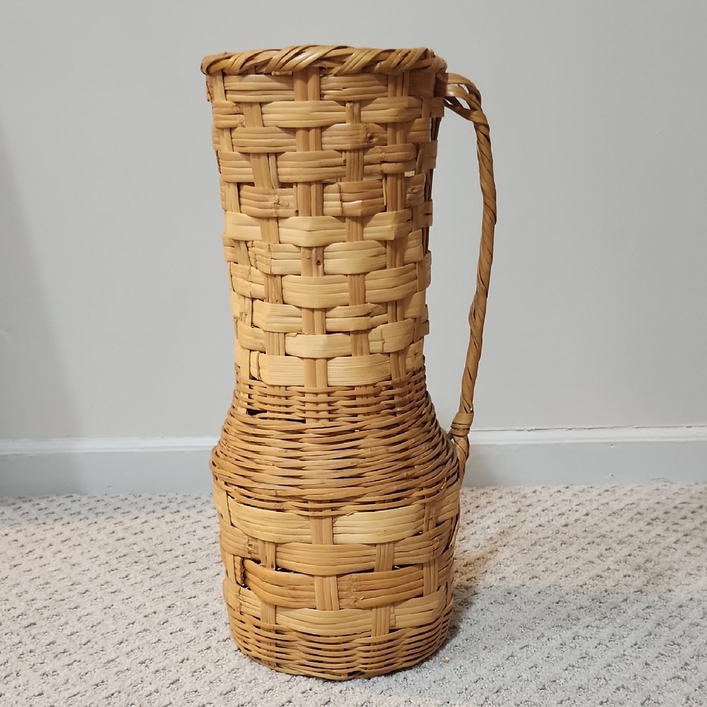 Tall Vintage Woven Wicker Basket Pitcher Vase With Handle - Natural Brown